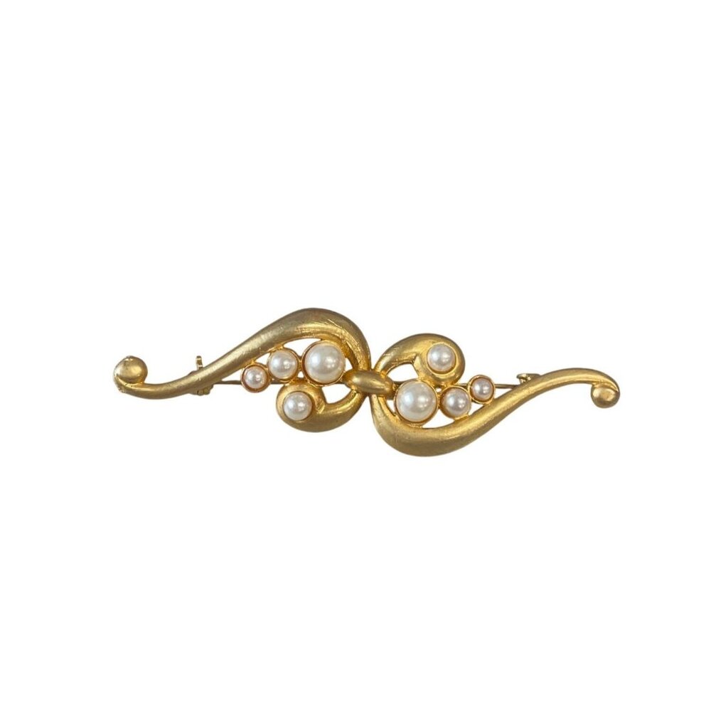 Vintage Gold-Tone Brooch With Faux Pearl Accents &‎ Swirl Design